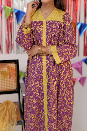 GBC-02527 | Purple & Gold | Casual Plus 3 Piece Suit  | Cotton Gold Print Lawn